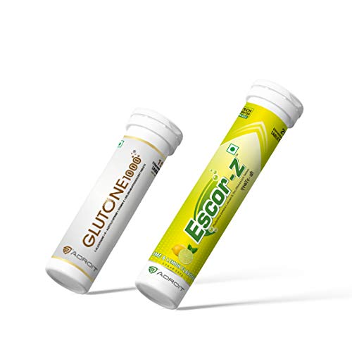 Glutone 1000 & Escor-Z Combo Pack| Setria L-Glutathione, Vitamin C and Zinc Effervescent Tablets| Healthy Skin| Pack of 15 + 20 Tablets (Lime & Lemon Flavour)