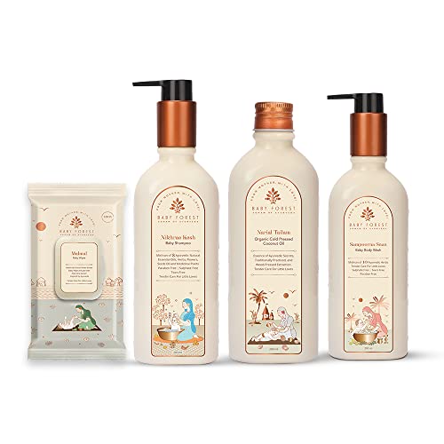 Baby Forest- Sampoorna Snan Baby Body Wash- 200ml, Nikhrae Kesh Baby Shampoo- 200ml, Narial Tailam Organic Cold Pressed Coconut Oil- 200ml, Mulmul Baby Wipes- 72 Wipes | Holistic Baby Care Kit