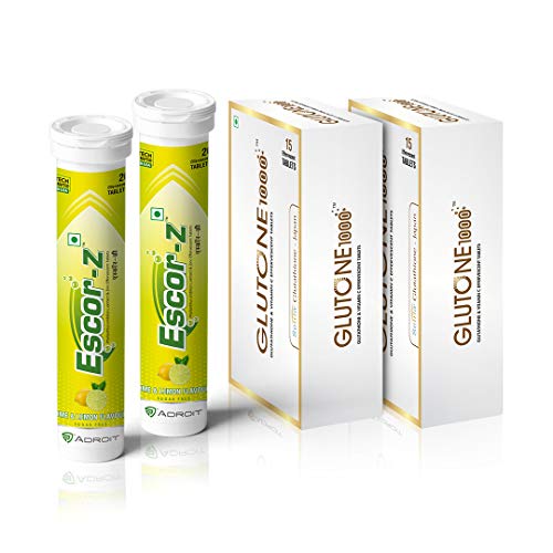 Glutone 1000 & Escor-Z Combo Pack| Setria L-Glutathione, Vitamin C Effervescent Tablets| Healthy Skin|Pack of 15 (2) + 20 (2) Tablets (Lime & Lemon Flavour)