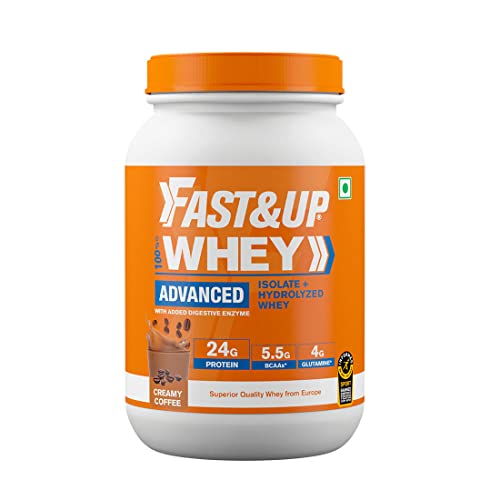 FAST&UP Whey Advanced, INFORMED SPORT CERTIFIED, 100% Whey Isolate & Hydrolysate Whey Protein (Creamy Coffee, 30 Servings) - 24g Protein, 5.5g BCAA, 4g Glutamine (2.01Lbs, 912 gms)