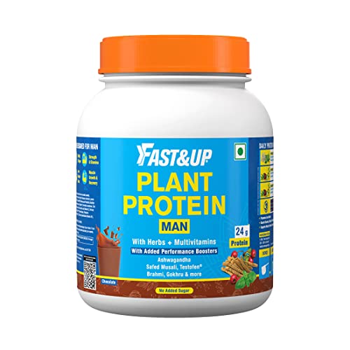 Fast&Up Plant Protein for Man– Vegan Protein Drink for Man -Gluten Free- Enhance strength- Chocolate Flavor - Added Metabolic and performance Boosters-Added Digestive enzyme-27 servings