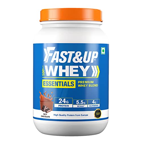 FAST&UP Essentials Whey Protein Isolate Blend (Rich Chocolate flavour), 30 Servings, 24g Protein, 5.5g BCAA, 4g Glutamine (2.1 Lbs, 960gm)