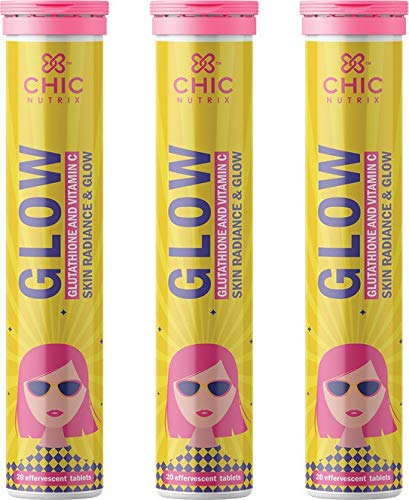 Chicnutrix Glow- Effervescent Glutathione Tablets for Glowing Skin Made with Japanese Glutathione (500 mg) & Vitamin C (40 mg)- 60 Effervescent Glutathione Tablets. Strawberry & Lemon Flavor