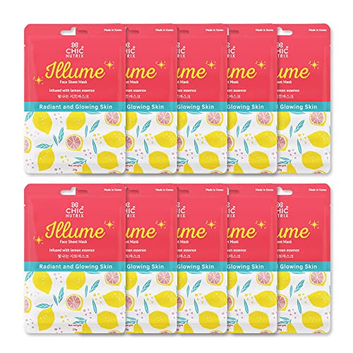 Chicnutrix Illume – Brightening Sheet Mask Infused with Lemon Essence Extract Plus 3 Soothing Ingredients for Instant Glow & Radiance | Made in Korea for Indian skin | Suitable for All Skin Types | 25g (Pack of 10 Face Mask)