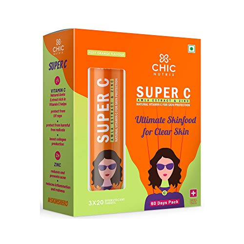 Chicnutrix Super C - Natural Vitamin C + Zinc Tablets, With Amla Extract – Antioxidant |Sun Protection | Boosts Collagen Production| Overall Health | 60 Effervescent Tablets - Orange Flavour