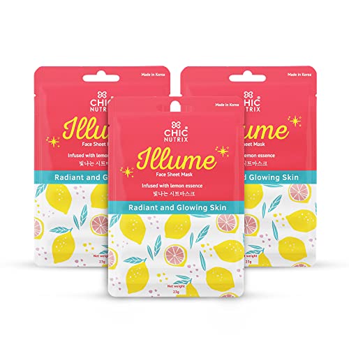 Chicnutrix Illume – Brightening Sheet Mask Infused with Lemon Essence Extract Plus 3 Soothing Ingredients for Instant Glow & Radiance | Made in Korea for Indian skin | Suitable for All Skin Types | 25g (Pack of 3 Face Mask)