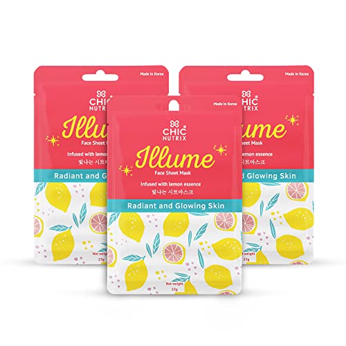 Chicnutrix Illume – Brightening Sheet Mask Infused with Lemon Essence Extract Plus 3 Soothing Ingredients for Instant Glow & Radiance | Made in Korea for Indian skin | Suitable for All Skin Types | 25g (Pack of 3 Face Mask)
