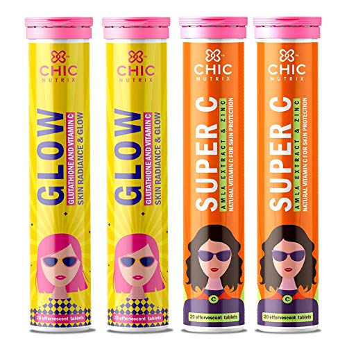 Chicnutrix Glow + Super C - Japanese Glutathione 500 mg - Natural Amla Extract Vitamin C + Zinc - Spotless & Acne-free Skin - Skin Glow & Radiance - Clear Skin, No Added Sugar, 20 effervescent Tablets each, Pack of 4 - Strawberry Lemon Flavour, Fizzy Oran