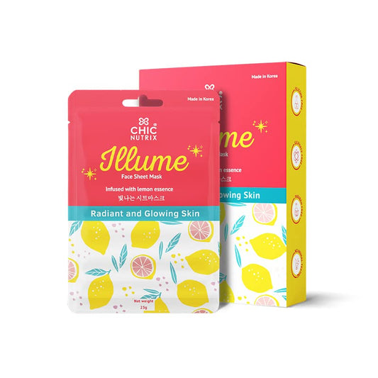Chicnutrix Illume – Brightening Skin Sheet Mask, infused with lemon essence, vitamin C, Niacinamide, collagen peptides, 25g (Pack of 1 Face Mask)