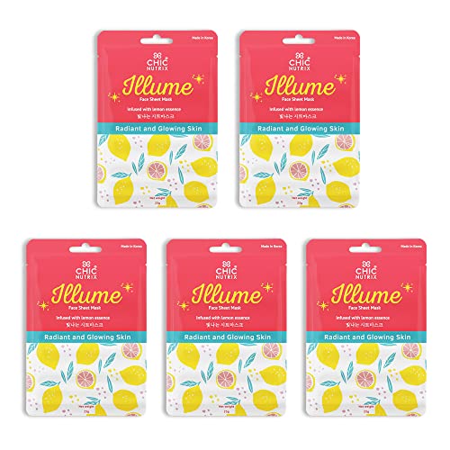 Chicnutrix Illume – Brightening Sheet Mask Infused with Lemon Essence Extract Plus 3 Soothing Ingredients for Instant Glow & Radiance | Made in Korea for Indian skin | Suitable for All Skin Types | 25g (Pack of 5 Face Mask)