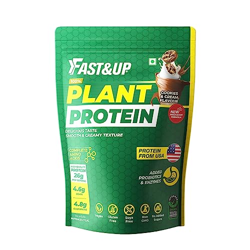 Fast&Up Plant Protein - 26g Certified Protein from USA with 4.6g BCAA, 4.8g Glutamine. Smooth & Creamy Protein for Everyday Fitness & Nutrition – 25 servings (Cookies and Cream)