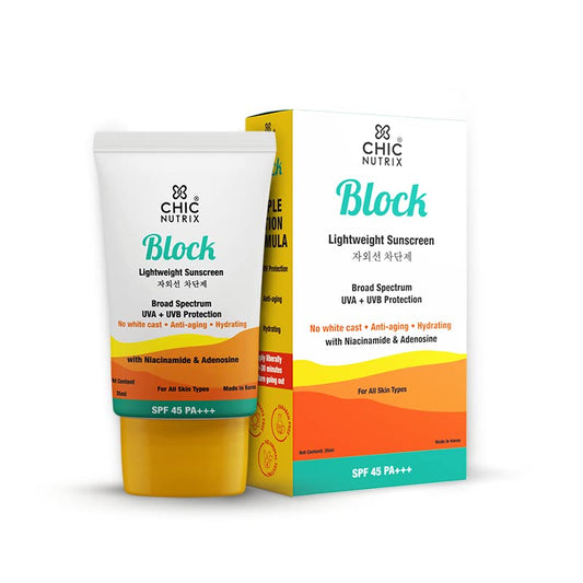 Chicnutrix Block - Lightweight sunscreen with SPF 45 PA+++ with UVA+UVB Protection, Niacinamide & Adenosine | No white cast, non-greasy, non-sticky, 35ml