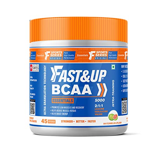 Fast&Up BCAA Basic (45 Servings, Watermelon Flavour) BCAA Supplement Powder with 2:1:1 Ideal Ratio Leucine, Isoleucine & Valine - Pre/Post & Intra Workout Supplement For Recovery & Performance Boost