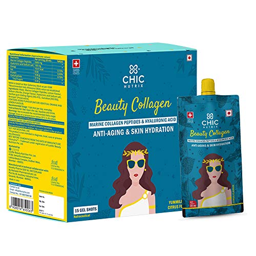 Chicnutrix Beauty Collagen - Japanese Marine Collagen Peptides For Wrinkle free Skin and Anti aging - Skin care - 15 Gel Shots - First time in India - Citrus Flavour